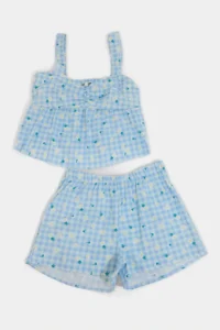 TRENDYOLMİLLA BLUE Floral seersucker Weaving Pajama Set - Image 5