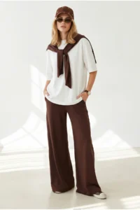 Olalook Women's Brown Scarf Top and Bottom Flowy Suit