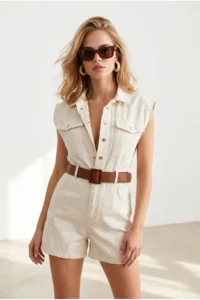 Olalook Women's Stone Belted Pocket Denim Shorts Overalls - Image 3
