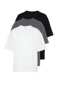 MAN Unisex Black-Anthracite-Ecru Oversized/Wide Cut 3 Sets Package 100% Cotton T-Shirt - Image 2