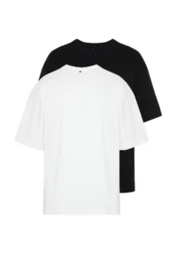 MAN Unisex Black-Ecru Oversized 2 Sets Paket Basic 100% Cotton T-Shirt - Image 2
