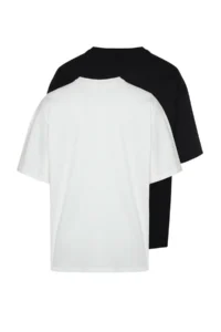 MAN Unisex Black-Ecru Oversized 2 Sets Paket Basic 100% Cotton T-Shirt - Image 3