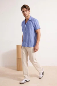 MAN DARK BLUE 100% Cotton Apaj Yaka Short Sleeve Regular Fit/Normal Pattern Men Shirt - Image 2