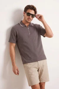 MAN Mink Low Shoulder Regular Fit Collar Line Detailed textured Short Sleeve Polo Shirt Shirt Collar T-Shirt - Image 2