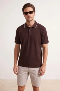 MAN Brown Regular Jacquard Material Knitwear Bant Polo Shirt Shirt Collar T-Shirt - Image 2