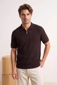 MAN Brown Regular Cut textured Zippered Knitwear Polo Shirt Shirt Collar T-Shirt - Image 2