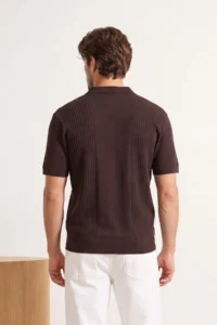 MAN Brown Regular Cut textured Zippered Knitwear Polo Shirt Shirt Collar T-Shirt - Image 3