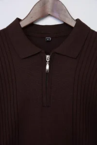 MAN Brown Regular Cut textured Zippered Knitwear Polo Shirt Shirt Collar T-Shirt - Image 5