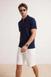 MAN NAVY BLUE Regular/Rahat Zippered textured Material Knitting Polo Shirt Shirt Collar T-Shirt