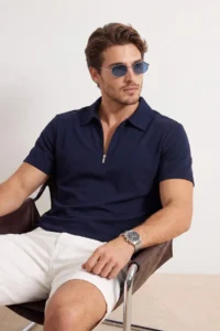 MAN NAVY BLUE Regular/Rahat Zippered textured Material Knitting Polo Shirt Shirt Collar T-Shirt - Image 2