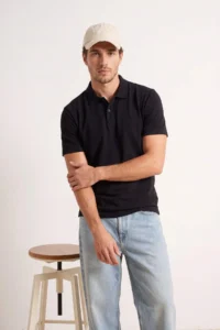 MAN Black Regular/Normal Cut textured Polo Shirt Shirt Collar T-Shirt - Image 2