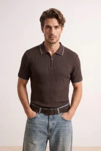 MAN Brown Regular Zippered Polo Shirt Collar textured T-Shirt