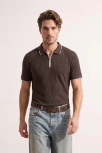 MAN Brown Regular Zippered Polo Shirt Collar textured T-Shirt - Image 2