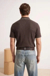 MAN Brown Regular Zippered Polo Shirt Collar textured T-Shirt - Image 3