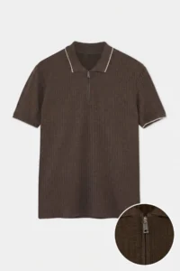 MAN Brown Regular Zippered Polo Shirt Collar textured T-Shirt - Image 4