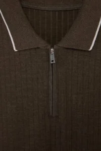 MAN Brown Regular Zippered Polo Shirt Collar textured T-Shirt - Image 5