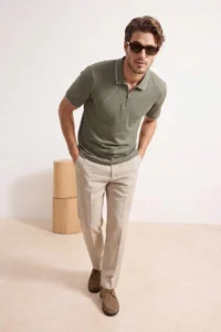 MAN Khaki Regular Zippered Polo Shirt Collar textured T-Shirt