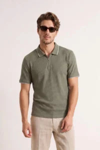 MAN Khaki Regular Zippered Polo Shirt Collar textured T-Shirt - Image 2