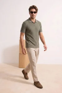 MAN Khaki Regular Zippered Polo Shirt Collar textured T-Shirt - Image 3