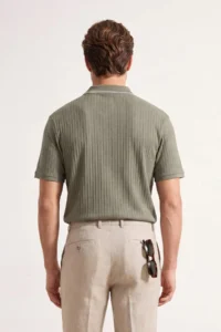 MAN Khaki Regular Zippered Polo Shirt Collar textured T-Shirt - Image 4