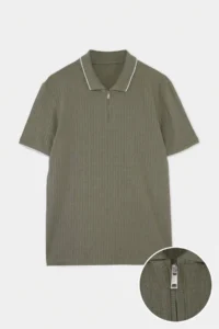 MAN Khaki Regular Zippered Polo Shirt Collar textured T-Shirt - Image 5