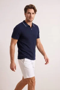 MAN NAVY BLUE Regular Zippered Polo Shirt Collar textured T-Shirt - Image 2