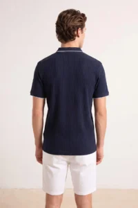 MAN NAVY BLUE Regular Zippered Polo Shirt Collar textured T-Shirt - Image 3