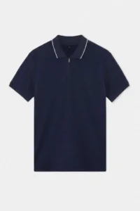 MAN NAVY BLUE Regular Zippered Polo Shirt Collar textured T-Shirt - Image 4