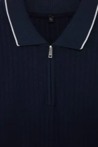 MAN NAVY BLUE Regular Zippered Polo Shirt Collar textured T-Shirt - Image 5