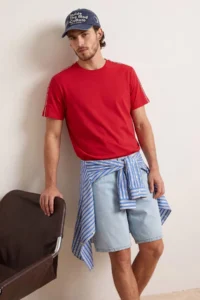 MAN Red Low Shoulder Regular Pattern Stripe Detailed 100% Cotton T-Shirt