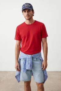MAN Red Low Shoulder Regular Pattern Stripe Detailed 100% Cotton T-Shirt - Image 2