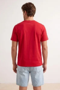 MAN Red Low Shoulder Regular Pattern Stripe Detailed 100% Cotton T-Shirt - Image 3