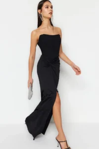 TRENDYOLMİLLA Black Lined Corset Detailed Knitting and Weaving LONG Chic Evening Gown Gece Graduation Dress - Image 3