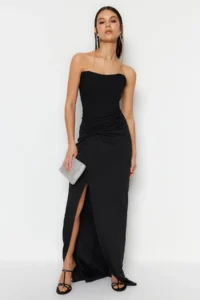 TRENDYOLMİLLA Black Lined Corset Detailed Knitting and Weaving LONG Chic Evening Gown Gece Graduation Dress - Image 4