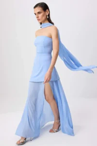TRENDYOLMİLLA BLUE Shawl Detailed Weaving Maxi Evening Gown & Graduation Dress - Image 2