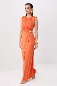 TRENDYOLMİLLA Orange Plain Accessory Detailed Knitting Sandy Maxi Evening Gown & Graduation Dress