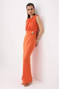 TRENDYOLMİLLA Orange Plain Accessory Detailed Knitting Sandy Maxi Evening Gown & Graduation Dress - Image 2