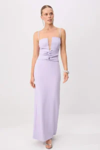 TRENDYOLMİLLA Lilac Node Detailed Low-cut Strap Maxi Evening Gown & Graduation Dress /