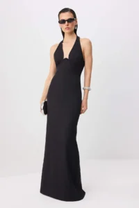 TRENDYOLMİLLA Black Derin Dekolteli Weaving Maxi Evening Gown & Graduation Dress