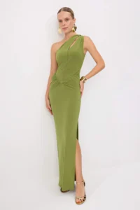 TRENDYOLMİLLA Oil Green Cut-Out Detailed Weaving Sandy Maxi Evening Gown & Graduation Dress - Image 2