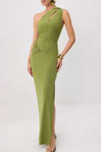 TRENDYOLMİLLA Oil Green Cut-Out Detailed Weaving Sandy Maxi Evening Gown & Graduation Dress - Image 3
