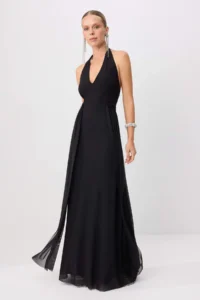 TRENDYOLMİLLA Black Dekolteli Belden Saran Tulle Maxi Evening Gown & Graduation Dress - Image 2