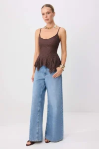 TRENDYOLMİLLA Brown WHITE Asymmetric Detailed Lace Knitting Party Blouse