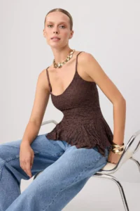 TRENDYOLMİLLA Brown WHITE Asymmetric Detailed Lace Knitting Party Blouse - Image 2