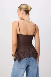 TRENDYOLMİLLA Brown WHITE Asymmetric Detailed Lace Knitting Party Blouse - Image 3
