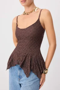 TRENDYOLMİLLA Brown WHITE Asymmetric Detailed Lace Knitting Party Blouse - Image 4