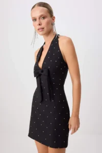 TRENDYOLMİLLA Black Stone Printed with bow Mini Party Mezuniyet Evening Gown Dress - Image 2