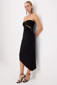 TRENDYOLMİLLA Black with accessories Knitting Drapeli Midi Party Evening Gown Dress - Image 2