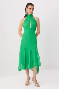 TRENDYOLMİLLA Green Plain Weaving Siphon Midi Lined Dress