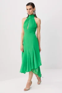 TRENDYOLMİLLA Green Plain Weaving Siphon Midi Lined Dress - Image 2